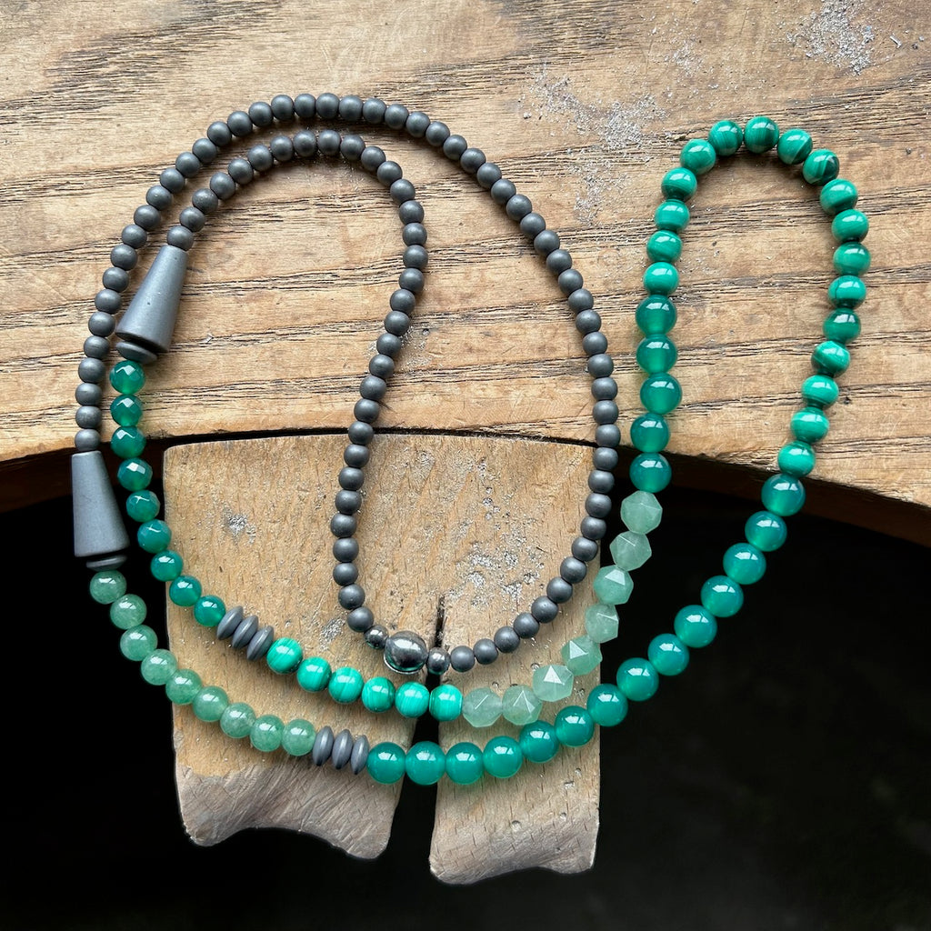 Long Beaded Necklace, Green Agate