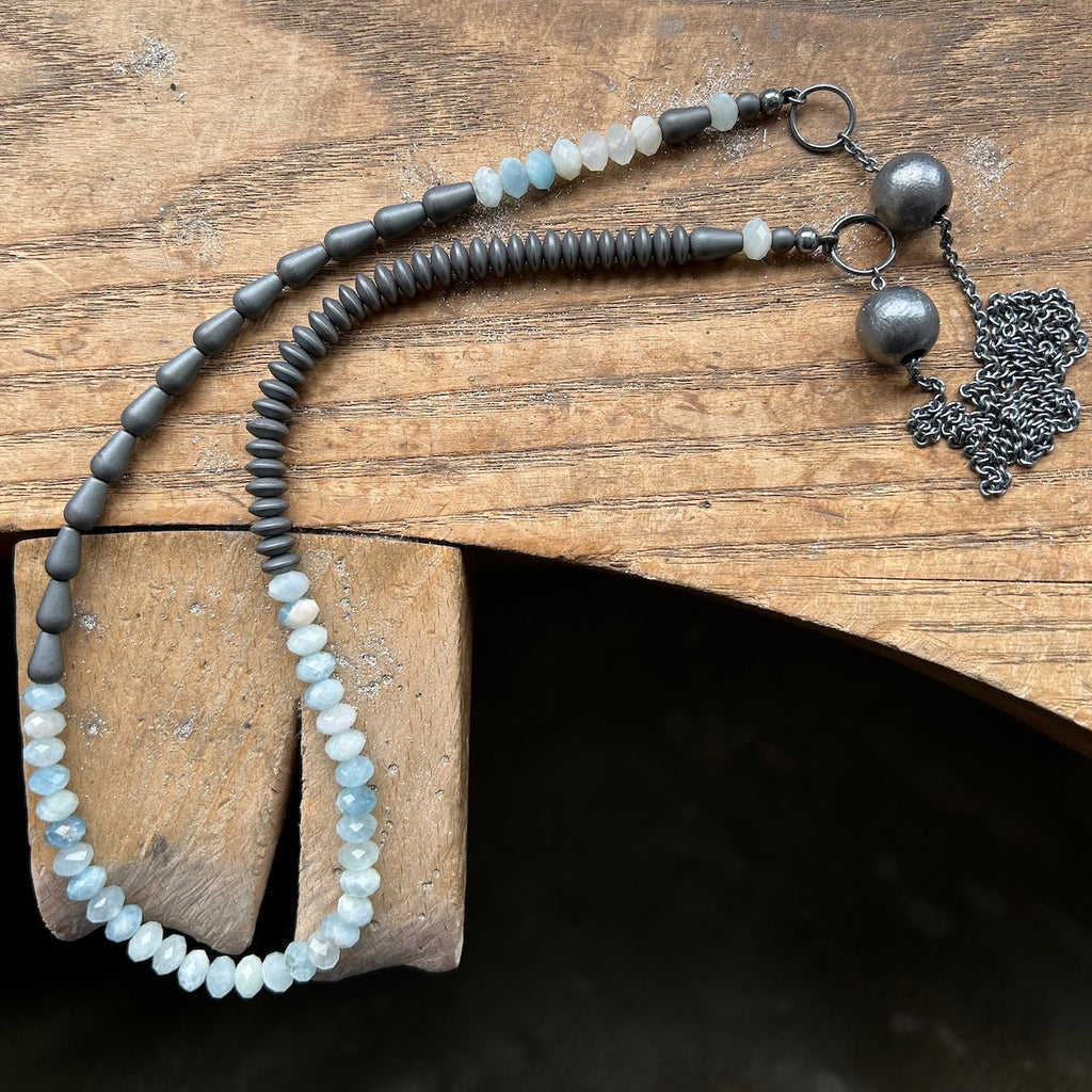 Long Beaded Necklace, aquamarines