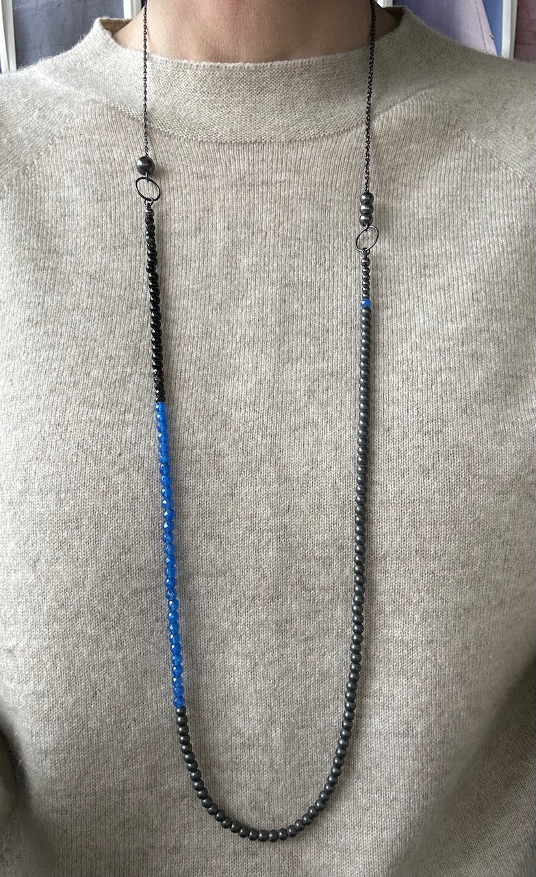 Long Beaded Necklace, Blue Agate