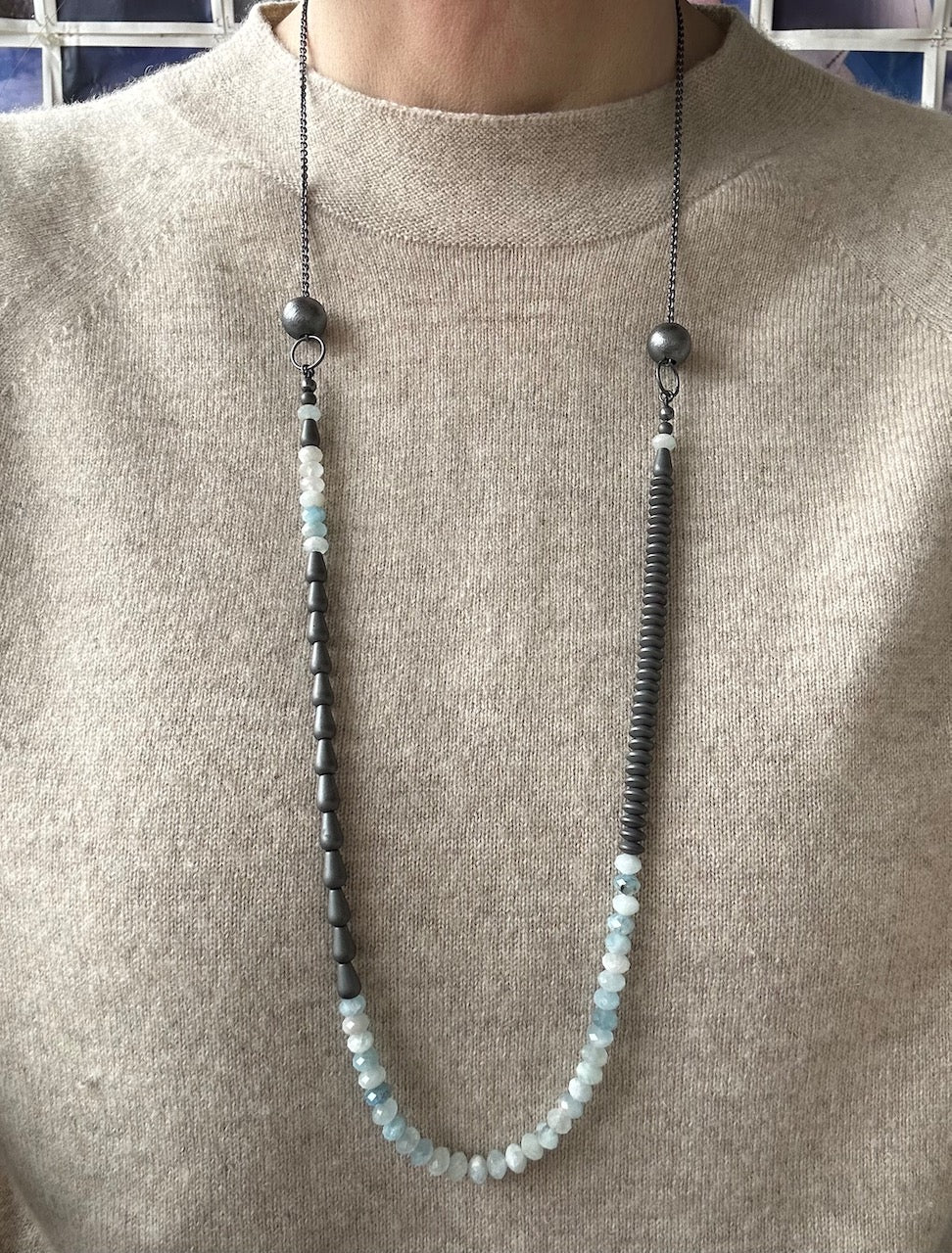 Long Beaded Necklace, aquamarines