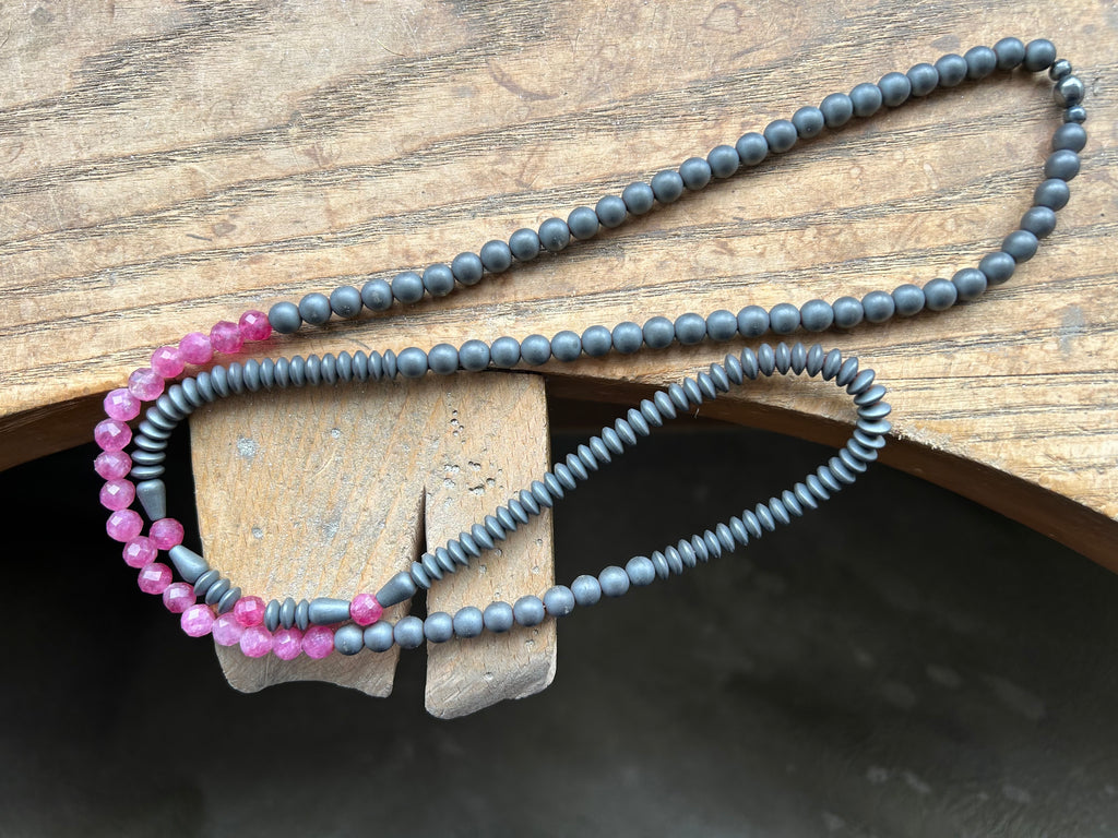 Bold Beaded Necklace, Pink Tormaline