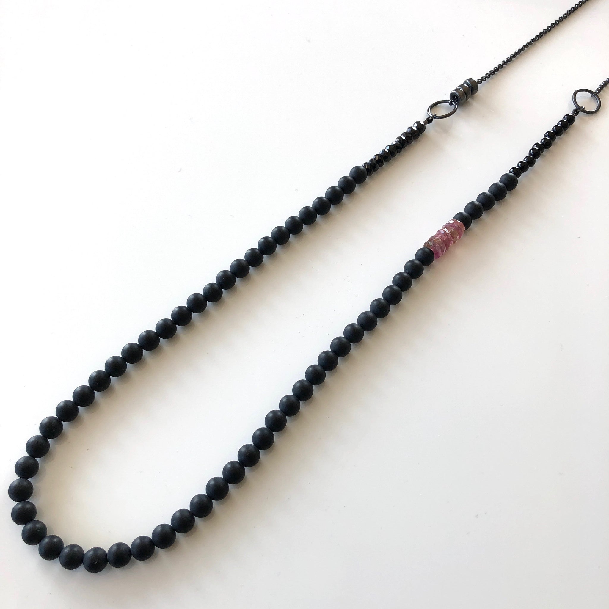 Long Beaded Necklace, Onyx & Pink Tourmaline