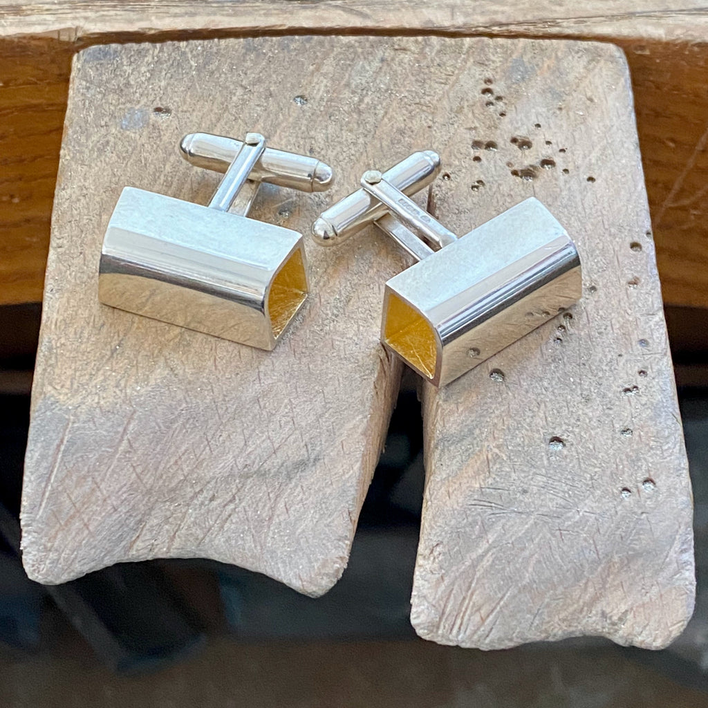 Silver curved long square cufflinks