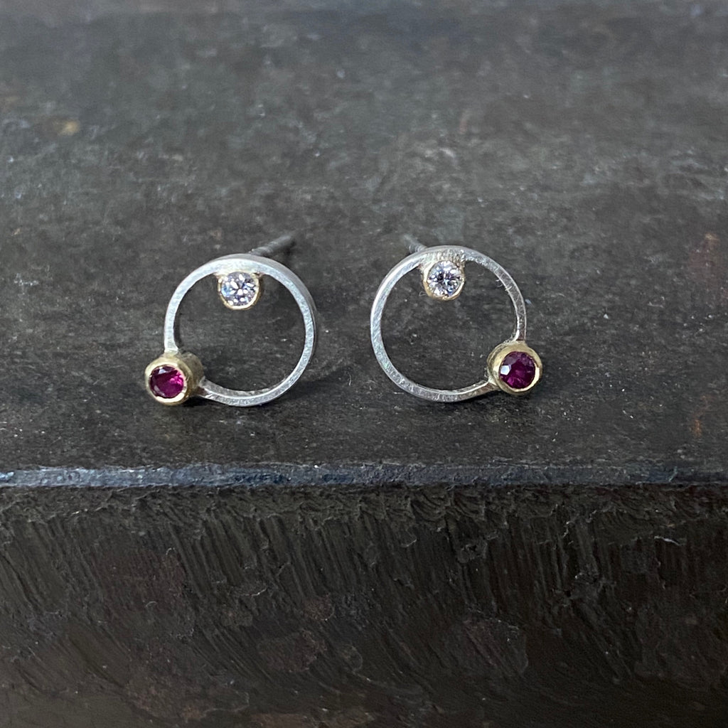 Silver & 18ct Gold Diamond & Ruby Studs