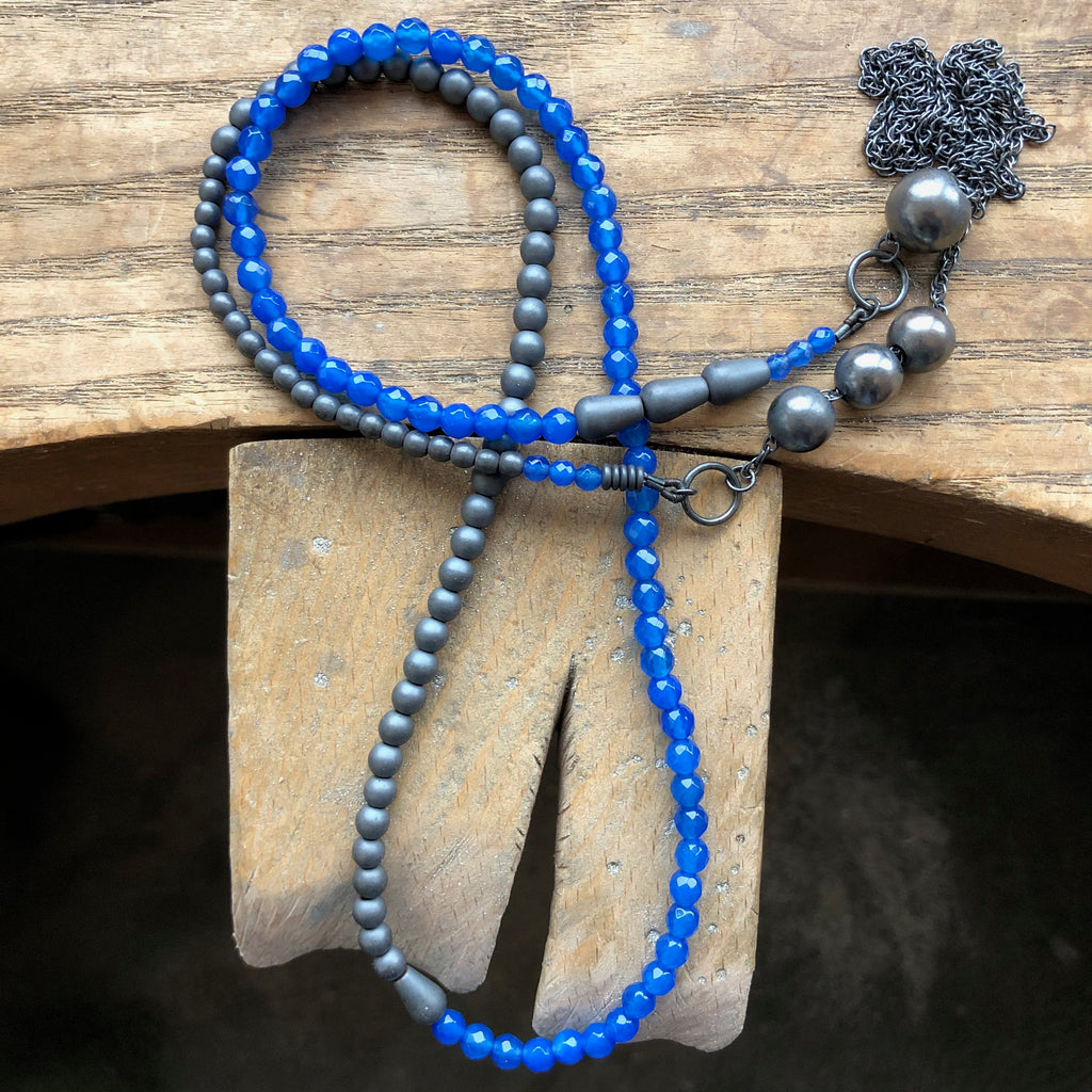 Long Beaded Necklace, Blue Agate