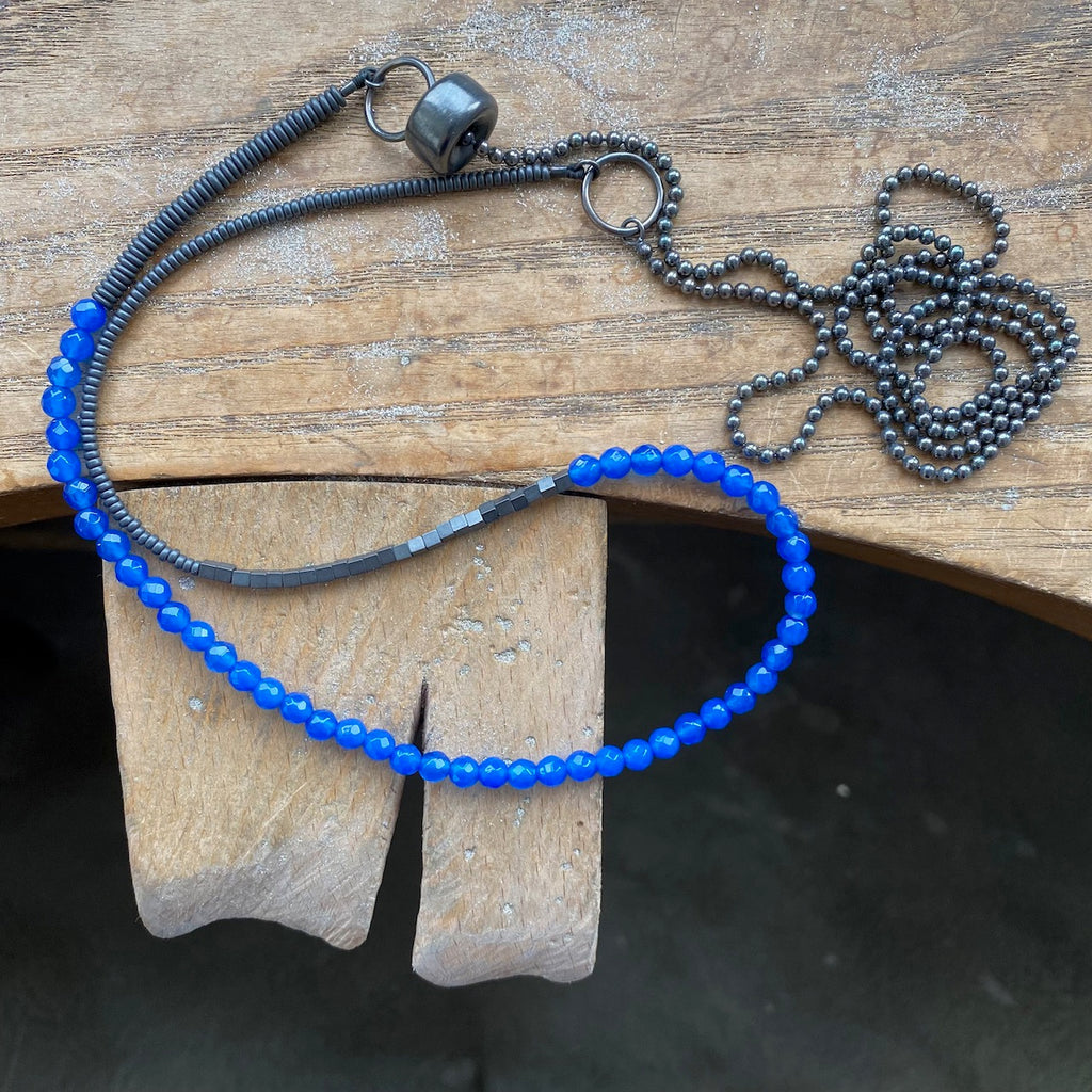 Long Beaded Necklace, Blue Agate